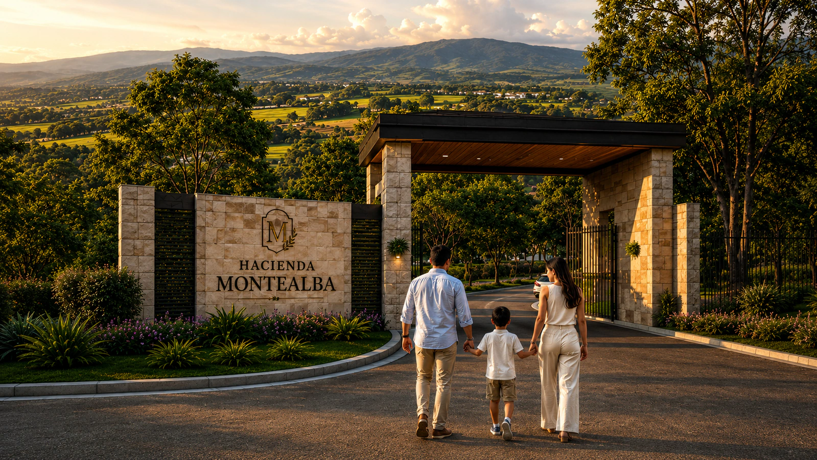 Portón de entrada de Hacienda Montealba, con montañas y naturaleza